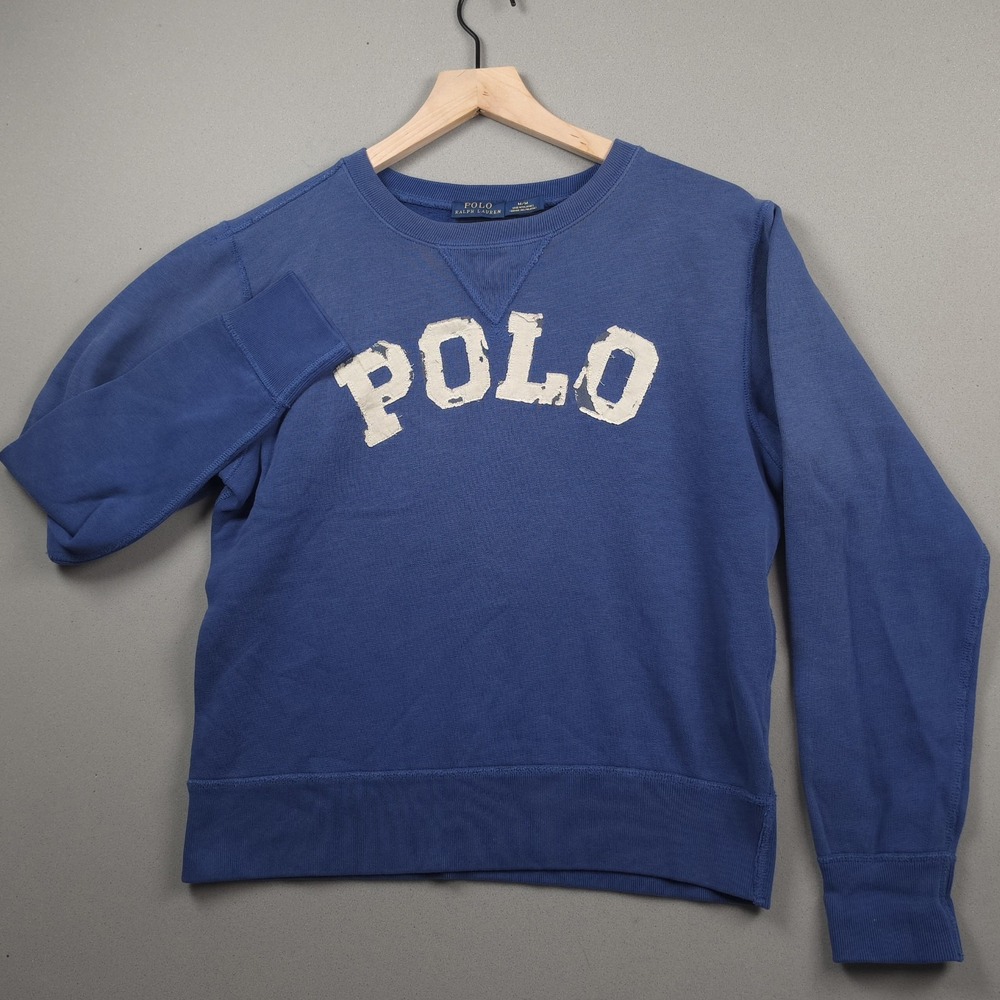 Polo Ralph Lauren Womens M Blue Distressed Patch Logo Crewneck Sweatshirt Fleece